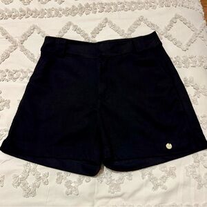 High-Rise Black Tailored Shorts with Subtle Logo Accent